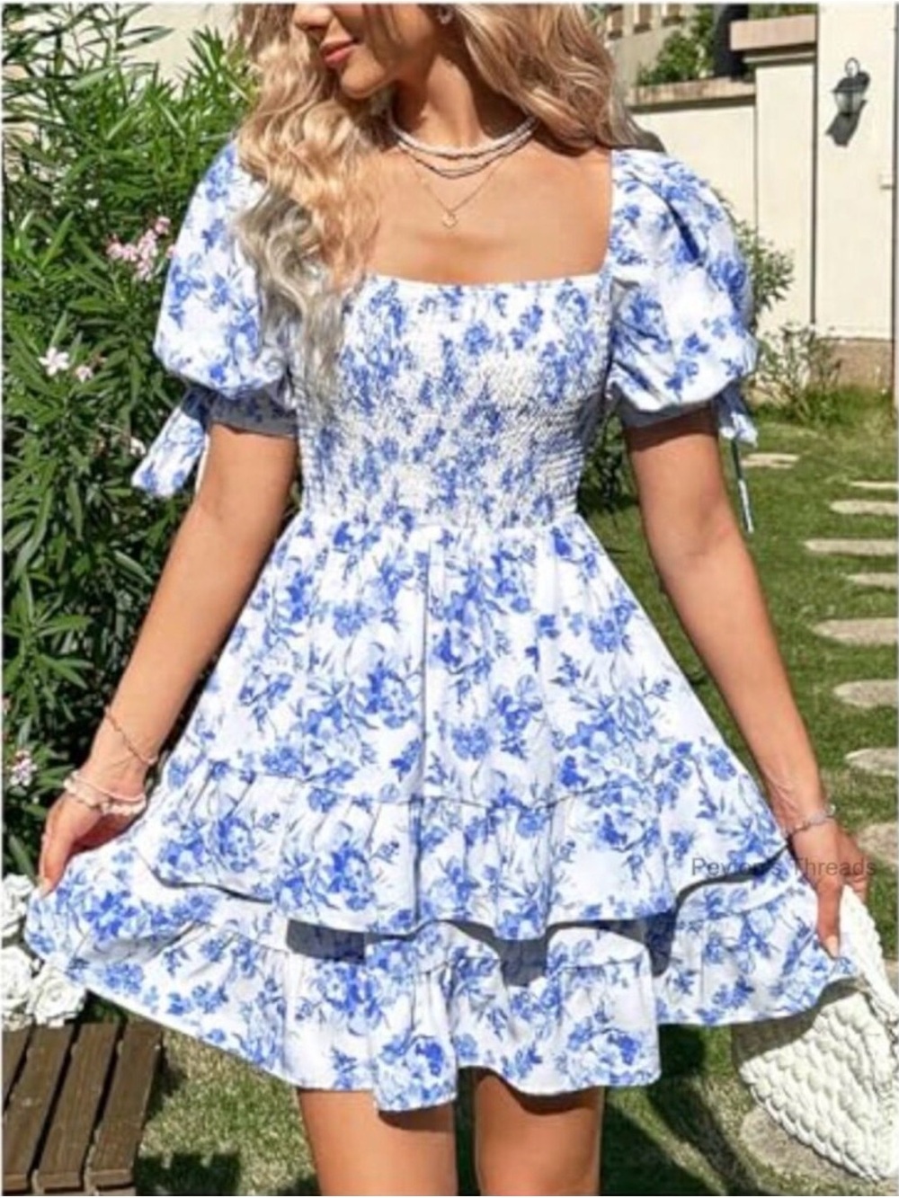 FLORAL SMOCKED MINI DRESS Blue & White Puff Sleeve Cottagecore Dress SZ Small